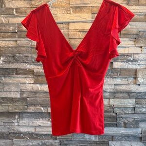 VENUS Red V-Neck Blouse with Flutter Sleeves